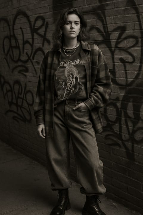 SKIPIKS AI时尚大片 — streetwear, vintage — 棕色格子衬衫和黑色印花T恤营造出运动又复古的氛围。搭配牛仔裤和黑色靴子，完成休闲而坚固的风格。这套时尚搭配非常适合周末日常穿搭或与朋友的轻松外出。