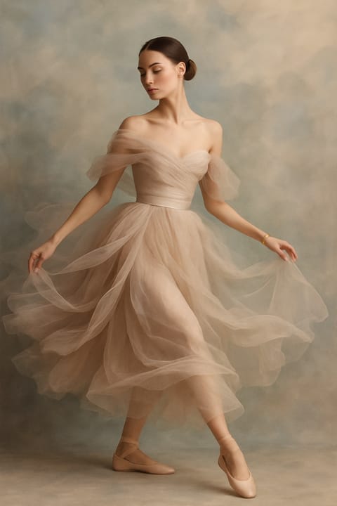 SKIPIKS AI时尚大片 — romantic, elegant, feminine — 戏剧性的薄纱裙以宽松的曲线打造优雅的轮廓。与芭蕾平底鞋和谐搭配，能最大化女性魅力。非常适合特殊晚会或高档活动。
