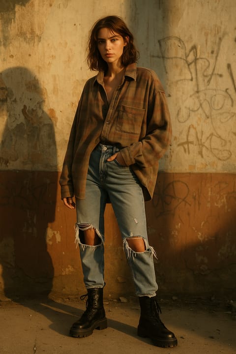 SKIPIKS AI时尚大片 — grunge, vintage — 卡其色的格子衬衫与破洞牛仔裤和谐搭配，营造出复古氛围。搭配黑色工人靴，展现出大胆而时尚的感觉。这种风格非常适合在秋天的傍晚享受城市中的悠闲散步。