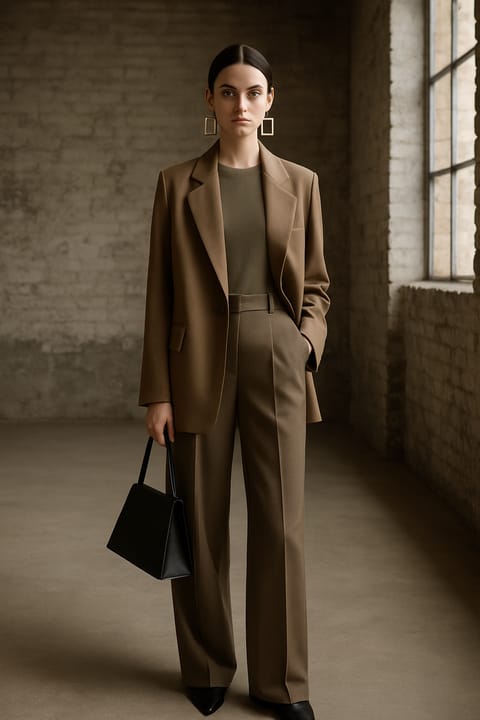 SKIPIKS AI 패션 화보 — minimalist, chic, formal — 견고한 브라운 블레이저와 슬랙스가 조화를 이루며, 차분하고 우아한 무드를 연출해보세요. 카키 니트 톱과의 절제된 컬러 조합이 완성도를 높여줍니다