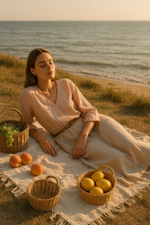 SKIPIKS AI fashion editorial — natural, simplicity — A comfortable linen dress harmonizes with the refreshing summer sunlight, creati