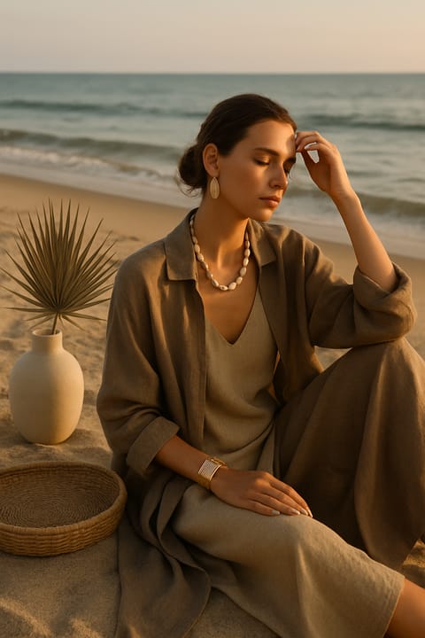 SKIPIKS AI 패션 화보 — feminine, coastal — 자연을 닮은 베이지 톤이 어우러진 부드러운 리넨 소재는 편안한 분위기를 자아냅니다. 진주 악세사리와 함께 매치하면 우아한 포인트가 더해져 스타일