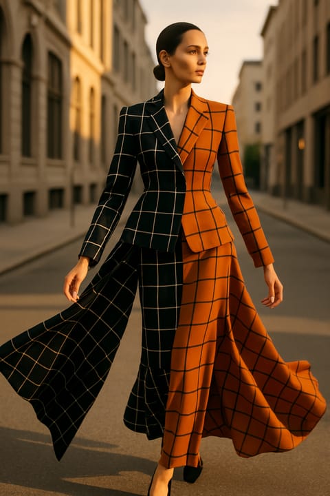 SKIPIKS AI fashion editorial — sophisticated, modern — The harmonious blend of black and orange in a check pattern creates a modern vib