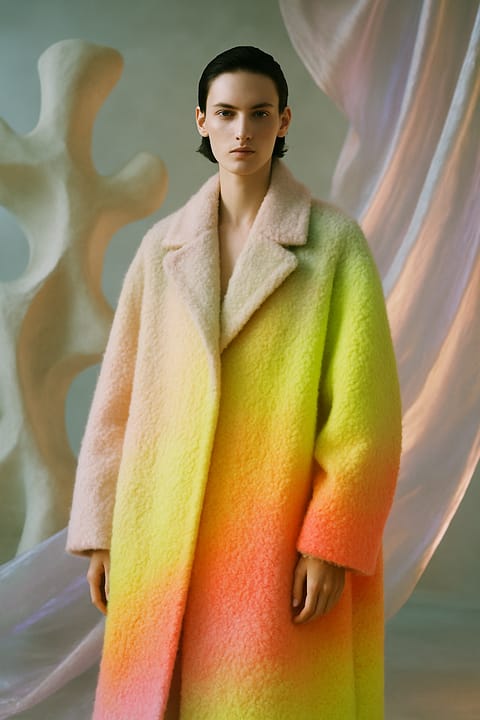 SKIPIKS AI fashion editorial — artistic, bold — This coat features a soft and cozy fabric with a stunning rainbow gradient. Its 