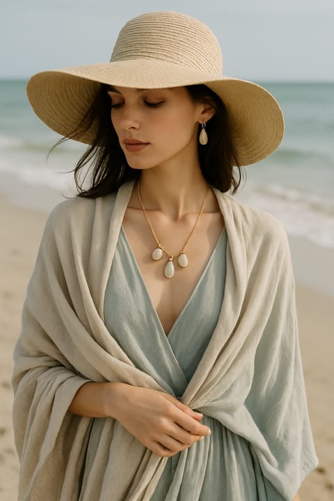 SKIPIKS AI fashion editorial — elegant, vacation, bohemian — A natural mood look set against the sea stands out. A soft beige shawl creates a
