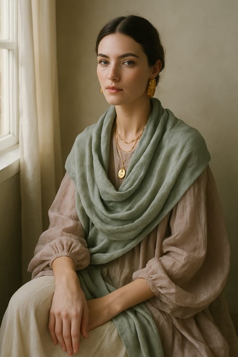 SKIPIKS AI 패션 화보 — bohemian, feminine, minimalist — 부드러운 색조의 린넨 드레스와 그린 스카프가 조화를 이루어 차분하면서도 여성스러운 무드를 연출합니다. 골드 액세서리로 고급스러움을 더해보세요. 