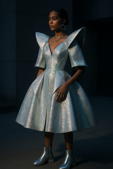 SKIPIKS AI fashion editorial — futuristic, glamorous, bold — The futuristic silver metallic dress offers a unique and striking impression. Pa