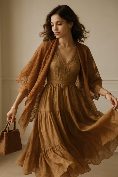 SKIPIKS AI fashion editorial — romantic, feminine, elegant — The elegant brown lace dress and shawl convey warmth, creating a romantic and lu