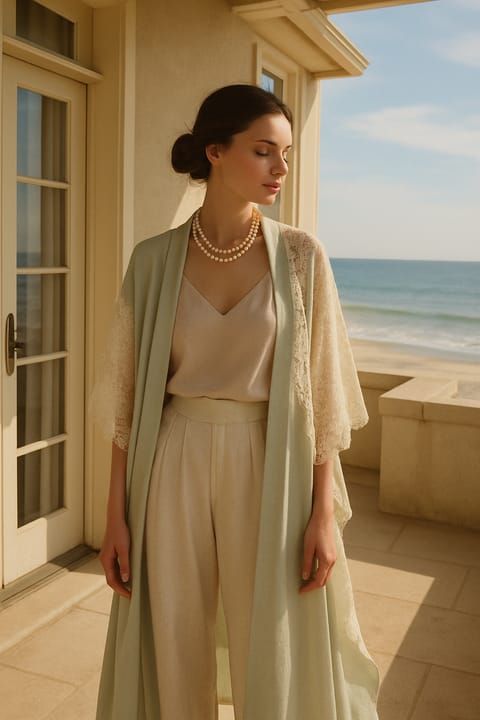SKIPIKS AI fashion editorial — elegant, minimalist, feminine — This look completes an elegant summer beach mood with a harmonious blend of brig