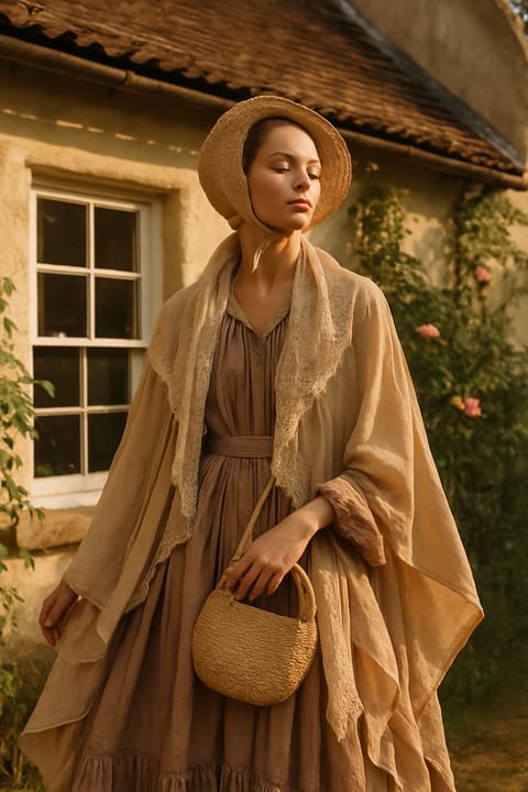 SKIPIKS AIファッション写真 — vintage, feminine, bohemian — 暖かいベージュトーンとナチュラルな素材がロマンティックなムードを演出します。ボリュームのあるドレスにクリーム色のショールを合わせて女性らしいシルエットを強調しま