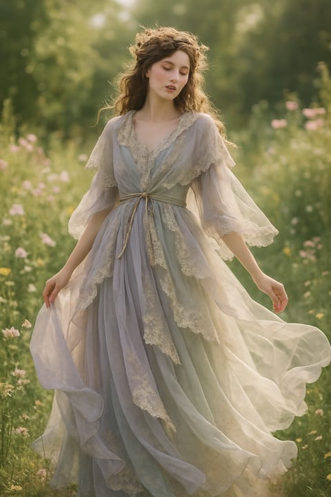 SKIPIKS AIファッション写真 — romantic, bohemian, vintage — ラベンダートーンのレースドレスが自然の中でロマンティックなムードを醸し出します。柔らかく流れるシルエットと繊細なレースディテールが独特の雰囲気を演出します。靴や