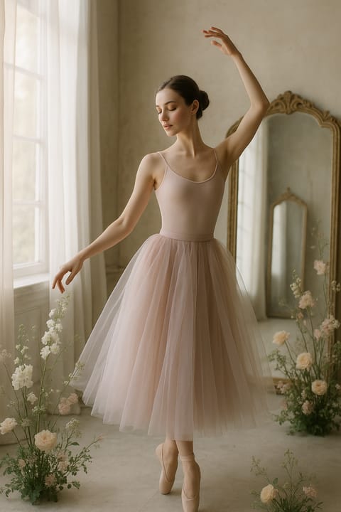 SKIPIKS AIファッション写真 — feminine, romantic — 柔らかなパステルカラーのバレエチュチュドレスは、優雅でロマンティックなムードを醸し出します。ネックラインとウエストラインが細やかに調和し、女性らしいシルエットを