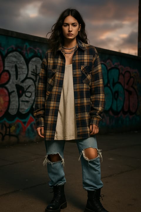 SKIPIKS AI 패션 화보 — grunge, streetwear, casual — 아우터와 함께한 캐주얼한 그런지 룩이 도심 속 스트리트 감성을 자아냅니다. 찢어진 청바지와 워커 부츠의 매치를 통해 개성 넘치는 스타일을 추천해