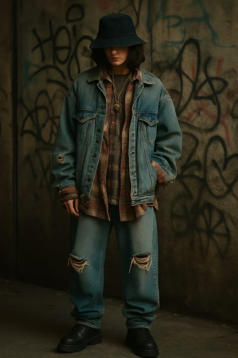 SKIPIKS AIファッション写真 — grunge, streetwear, vintage — ヴィンテージなデニムジャケットとチェックシャツの組み合わせがヒップなグランジルックを完成させます。ブラックブーツとバケットハットを合わせてストリート感を引き立て