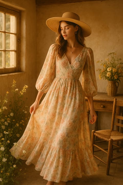 SKIPIKS AIファッション写真 — feminine, vintage — パステルカラーの花柄ドレスは、女性らしくクラシックな雰囲気を醸し出します。ラタン素材のフロッピーハットとゴールドアクセサリーでエレガンスを加えましょう。夏のデー