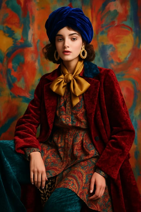 SKIPIKS AIファッション写真 — vintage, bohemian, luxurious — 豊かな紫のベルベットコートとカラフルなパターンのドレスの組み合わせが高級感を演出します。黄色のスカーフと青いターバンを加えて個性的なスタイルを完成させましょう。