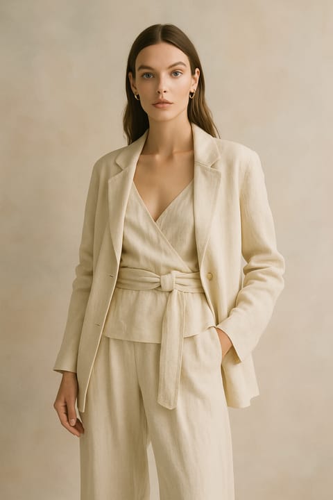 SKIPIKS AIファッション写真 — minimalist, elegant, modern — 洗練されたベージュのブレザーとラップトップの組み合わせが柔らかなシルエットを描き出します。ゴールドのフープピアスを加えてシンプルながらも高級感のあるムードを完成