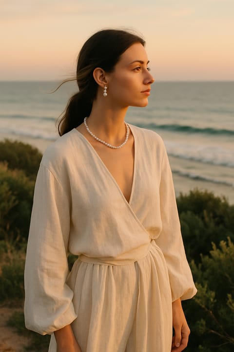 SKIPIKS AI fashion editorial — bohemian, natural — The ivory linen dress creates a relaxed silhouette that embodies a bohemian vibe