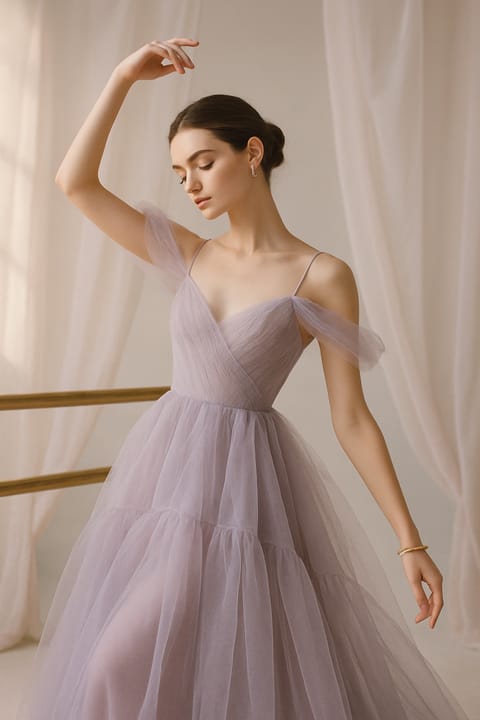 SKIPIKS AI fashion editorial — romantic, elegant — This lavender tube top dress exudes a goddess-like elegance. I recommend pairing