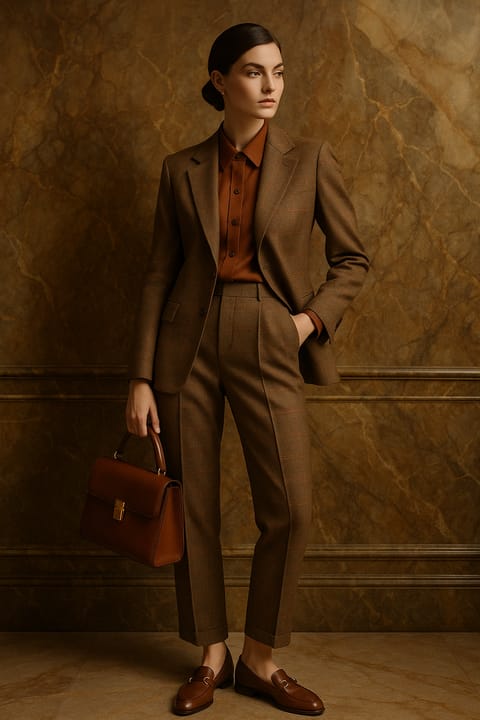 SKIPIKS AI fashion editorial — classic, elegant, timeless — The rich brown-toned check jacket and slacks exude elegance and luxury. Paired w