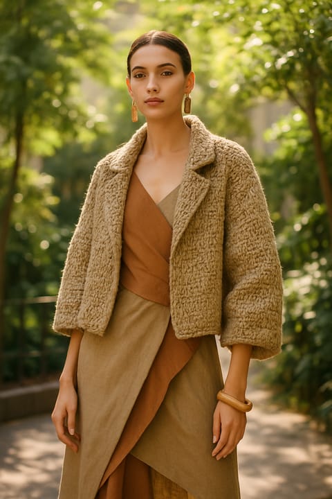 SKIPIKS AI 패션 화보 — natural, elegant, layered — 부드러운 베이지와 브라운 톤이 조화를 이루어 따뜻하면서도 우아한 분위기를 연출해보세요. 니트 자켓과 랩 드레스의 조합이 자연스러운 아름다움을 완