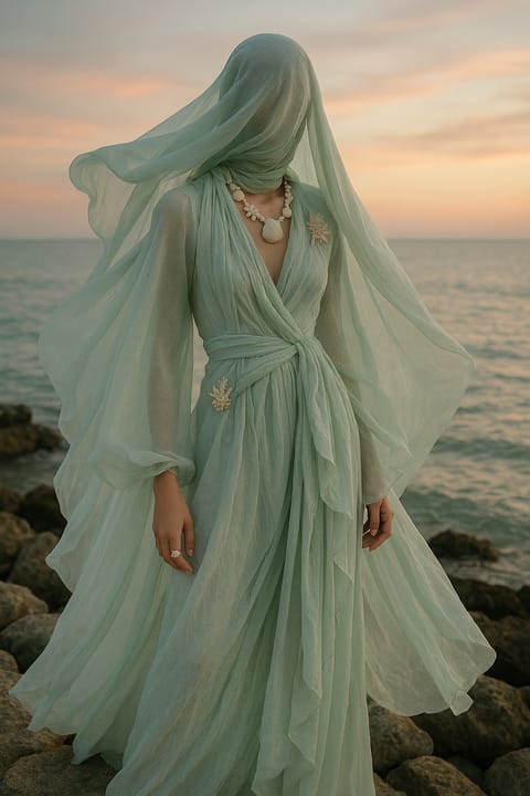 SKIPIKS AI fashion editorial — ethereal, bohemian — The soft mint-colored dress sways in the breeze, creating a mystical atmosphere.