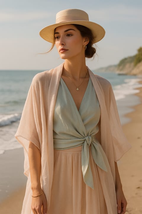 SKIPIKS AI fashion editorial — feminine, vintage — The harmony of soft colors and light fabrics evokes the elegance of a leisurely 