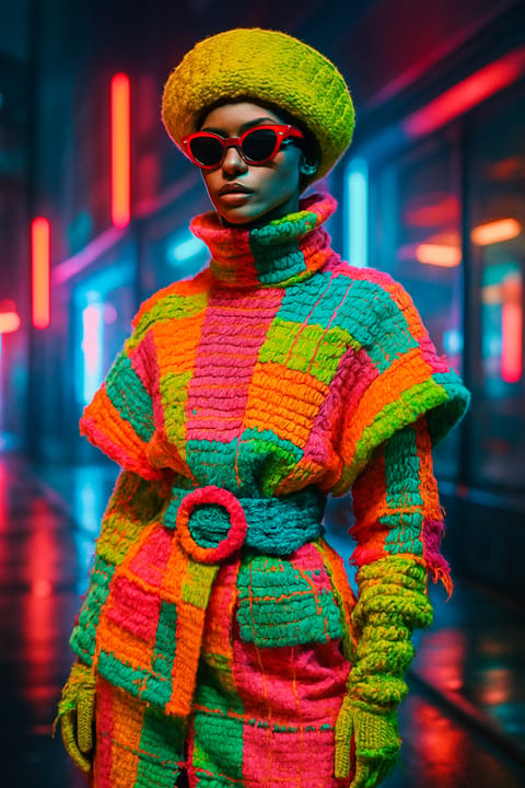 SKIPIKS AI 패션 화보 — futuristic, avantgarde, colorblocking — 네온 컬러의 대담한 조합이 인상적인 이 룩은 복고적이면서도 미래지향적인 무드를 동시에 연출합니다. 선명한 색상 대비를 이용해 시선을 사로잡으며,