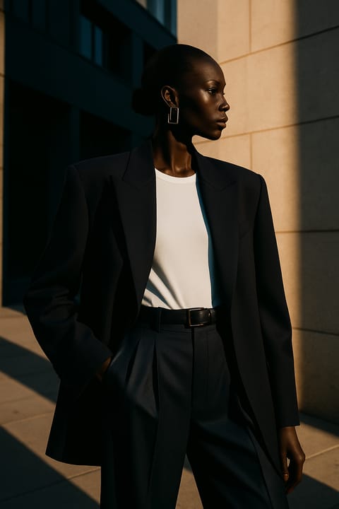 SKIPIKS AI fashion editorial — minimalist, contemporary, chic — The navy blazer and slack set creates a calm yet luxurious vibe. Adding a white 