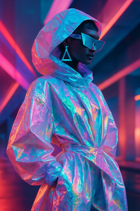 SKIPIKS AI时尚大片 — futuristic, bold, statement — 这款全息材质的连帽外套充满未来感。将这件独特的单品与简单的黑色裤子搭配，能更好地提升你的风格。它在节日或户外场合尤其引人注目。