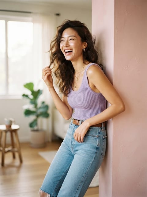 SKIPIKS AI时尚大片 — casual, feminine, simple — 这款休闲造型由紫色针织背心和浅蓝色牛仔裤和谐搭配而成。为背心和牛仔裤组合增添金色配饰，营造出时尚感。非常适合夏日约会或日常穿搭。