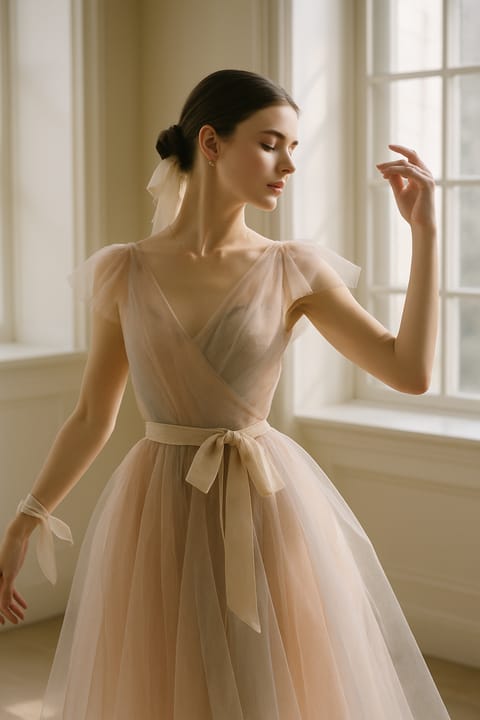 SKIPIKS AI fashion editorial — romantic, feminine, elegant — The beige tutu dress creates a romantic mood with its elegant silhouette. Add a 