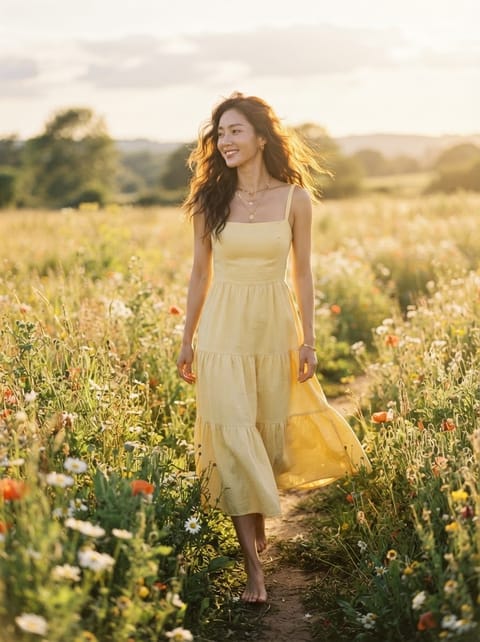 SKIPIKS AI fashion editorial — bohemian, feminine — Create a sensual bohemian mood that blends with nature in a soft yellow dress. A