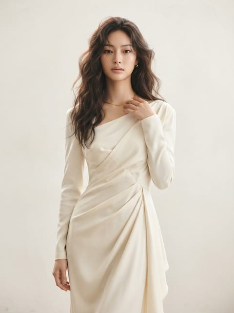 SKIPIKS AI fashion editorial — elegant, chic — A cream-colored dress with soft draping exudes elegance. Pair it with gold acces