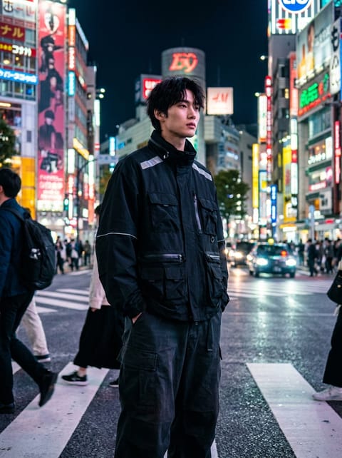 SKIPIKS AI时尚大片 — streetwear, urban — 这款造型展现了与城市夜晚相融合的暗黑科技风格。搭配黑色风衣和工装裤，营造出现代而实用的氛围。日常穿着毫不逊色，特别适合与朋友的夜间聚会。