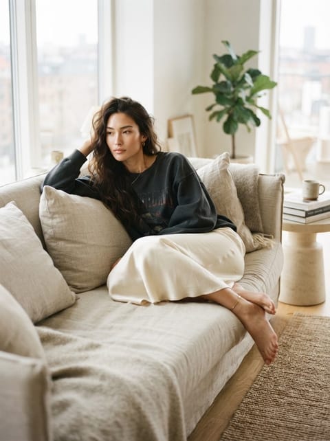 SKIPIKS AI fashion editorial — casual, comfortable, minimalist — The combination of a comfortable silhouette sweatshirt and a long skirt creates 