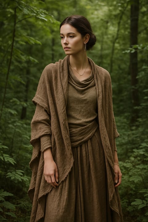 SKIPIKS AI fashion editorial — minimalist, natural — The layered style in beige tones captures the essence of nature. A cardigan and 