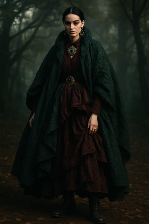 SKIPIKS AIファッション写真 — vintage, gothic, layered — 重厚感のある緑のマントとバーガンディのドレスが組み合わさったクラシックな秋のルックです。重ねられたシルエットが優雅で神秘的な雰囲気を醸し出します。このスタイルは
