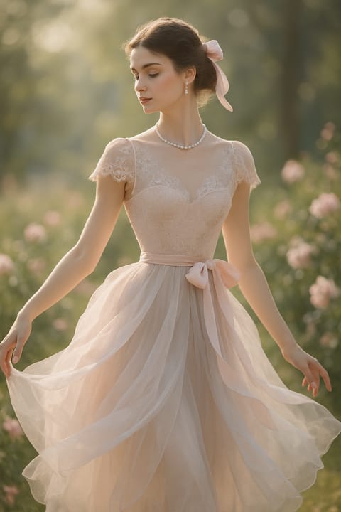 SKIPIKS AIファッション写真 — romantic, feminine, elegant — 愛らしいレースディテールが際立つロマンティックなドレスルックです。パールネックレスとリボンアクセサリーを加えることで、完成度の高いスタイリングが可能です。春の日