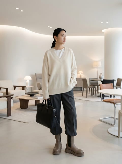 SKIPIKS AI fashion editorial — minimalist, chic — Create a luxurious yet comfortable vibe with a cream V-neck sweater and charcoal