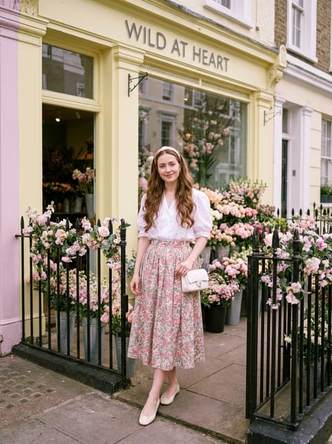 SKIPIKS AIファッション写真 — feminine, romantic — 華やかな花柄のミディスカートと清潔感のある白いブラウスが春の日のロマンティックな雰囲気を演出します。ヘアバンドをポイントに使って女性らしさを強調してみてください