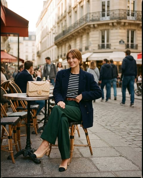 SKIPIKS AIファッション写真 — chic, stylish, casual — ネイビーとグリーンの組み合わせがエレガントなルックを完成させます。ストライプのTシャツはネイビーのジャケットと合わせることで、クラシックでありながら洗練された雰
