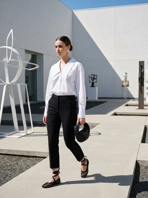SKIPIKS AI 패션 화보 — minimalist, chic, modern — 깔끔한 실루엣의 화이트 셔츠와 슬림한 블랙 팬츠로 모던한 무드를 연출해보세요. 실버 귀걸이와 구조적인 토트백으로 포인트를 주면 세련된 룩이 완성