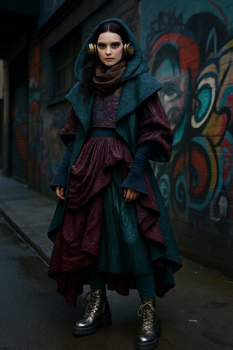 SKIPIKS AIファッション写真 — gothic, streetwear — ゴシックなムードとストリート感が融合したユニークなルックです。深い色合いのジャケットとドレスで視線を引き、シルバーブーツでアクセントを加えてみてください。都市の