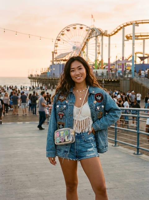 SKIPIKS AI 패션 화보 — bohemian, casual, festival — 다채로운 패치가 돋보이는 데님 재킷과 프린지 디테일의 탑이 보헤미안 무드를 완성합니다. 빈티지 매력이 돋보이는 데님 핫팬츠와 투명 크로스백을 함