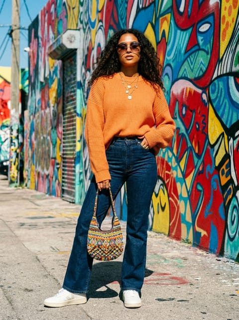 SKIPIKS AIファッション写真 — casual, vintage — オレンジのニットセーターとジーンズの組み合わせは、明るく活気ある都会的なムードを演出します。マルチカラーのバッグでスタイルに楽しいアクセントを加えてみてください