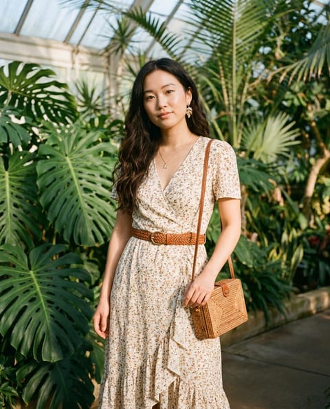 SKIPIKS AIファッション写真 — floral, bohemian, natural — フローラルパターンのドレスが自然でロマンチックなムードを演出します。ラタンのベルトとバッグを合わせて自然美を引き立て、ゴールドのアクセサリーでポイントを加えまし