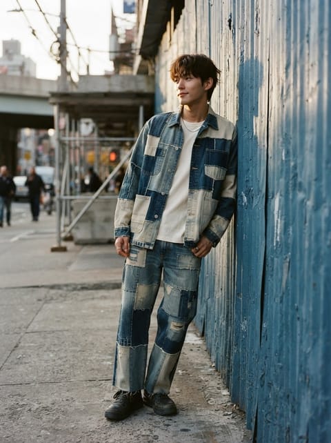 SKIPIKS AIファッション写真 — streetwear, casual — さまざまなパッチが目を引くデニム素材で、感覚的なストリートルックを完成させましょう。ホワイトTシャツとブルーデニムジャケットの組み合わせは明快で、ブラックスニー