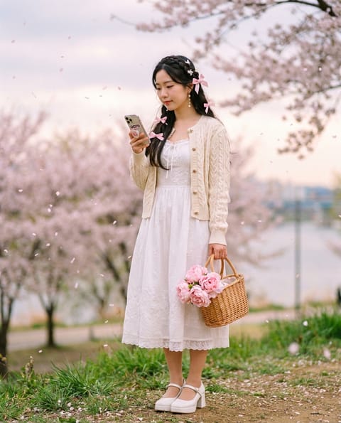 SKIPIKS AI 패션 화보 — romantic, feminine — 봄날의 화사한 화이트 드레스와 크림색 가디건이 로맨틱한 무드를 연출해요. 핑크색 리본과 라탄 가방으로 포인트를 더하면 사랑스러움이 배가됩니다. 