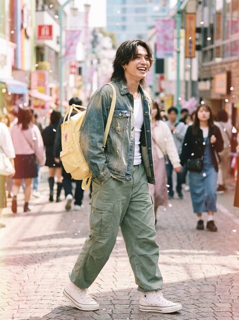 SKIPIKS AI时尚大片 — streetwear, casual — 这款造型通过牛仔夹克和白色背心展现了街头氛围。搭配卡其色工装裤和运动鞋，营造出休闲又舒适的风格。非常适合春天的轻松出行或与朋友的聚会。